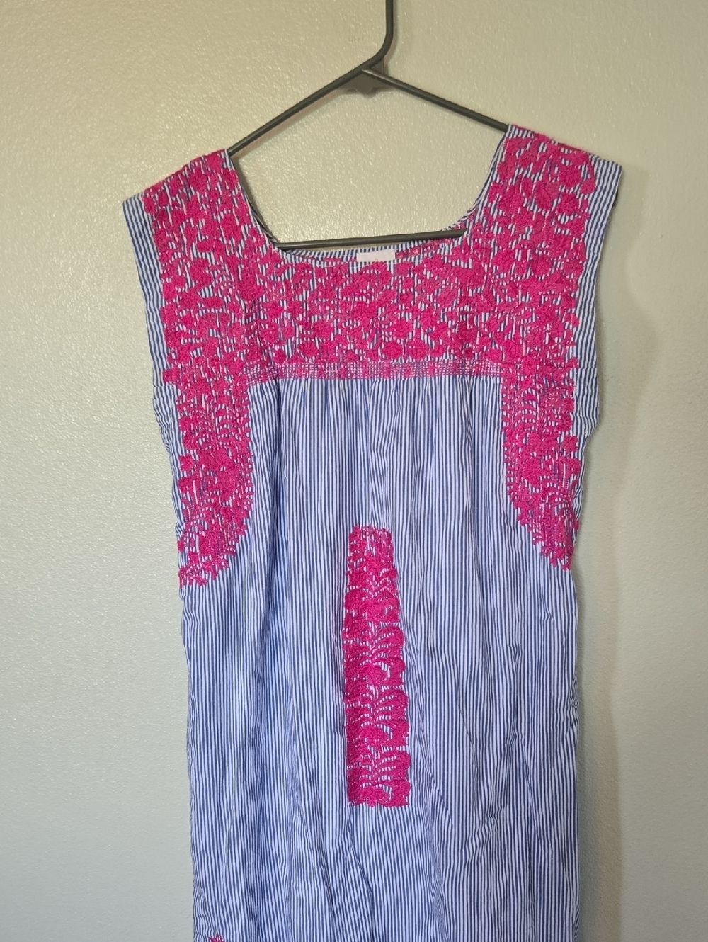 J. Marie | Blue Striped Shift Dress With Pink Embroidery Size XS